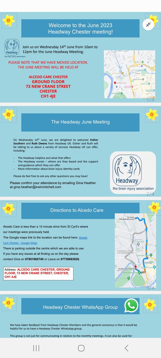 Looking forward to our meeting this Wednesday and welcoming Esther and Ruth from Headway UK. All details on the flyer and meeting at exciting new premises. 
All welcome!
