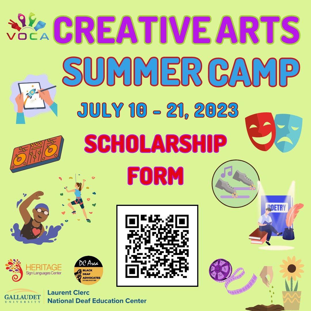 VOCA still has spots for BIPOC Deaf / HoH and CODA youth in grades 5th - 12th to attend the 3rd annual Creative Arts Summer Camp!   

Dorms and meal plans are provided for out of state students! Need a scholarship?

Link in BIO!