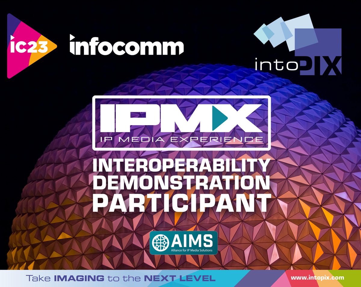 Join us at the AIMS Alliance Booth (#4181) during @InfoComm for live SMPTE ST2110 & IPMX interoperability demo. Discover our new intoPIX Titanium Software for AVoIP that can be used as Transmitter, Receiver, Viewer & Virtual display with JPEG XS. MEET US: zurl.co/r6Gv