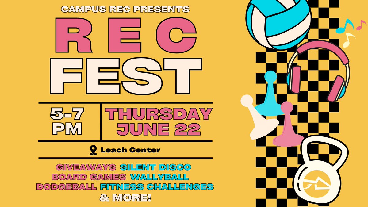 Move-in day is over, now it's time to have some fun! 🎉 Join us for Rec Fest at the Leach Recreation Center and enjoy games, giveaways, fitness challenges, and more!  Don't miss out on the fun, and head to the Leach on Thursday, June 22 from 5-7 p.m. See you there!