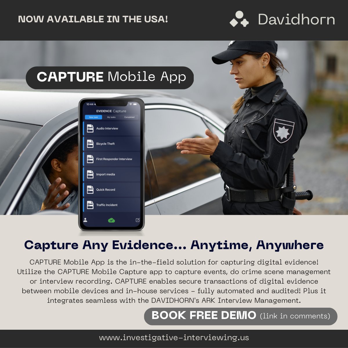 DAVIDHORN CAPTURE Mobile App.
Book DEMO session here: calendly.com/davidhorn-usa/…

#evidencecollection #lawenforcement #mobileapp #lawenforcement #investigativeinterviewing #police #sheriff #courts #evidencemanagement #interviewrecording #davidhorn #davidhornusa #maximumventures