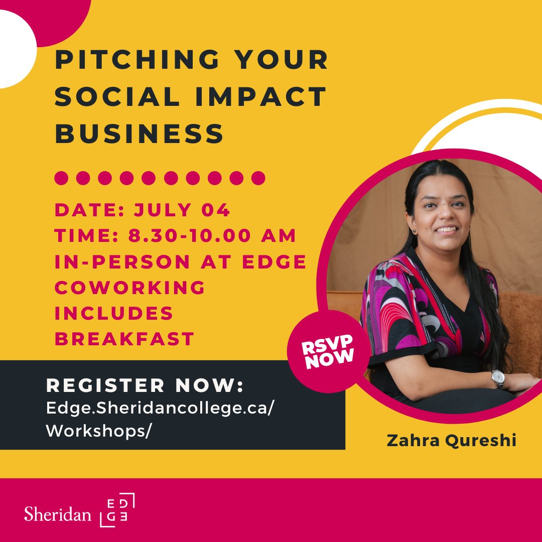 Zahra Qureshi invites you to the "Pitching Your Social Impact Business" event on July 04. Join us as we explore pitching ideas, see tips for obtaining funding and avoiding mistakes, and have the chance to network.

Book your tickets now at sheridan.mobi/3pF61HN

#coworking