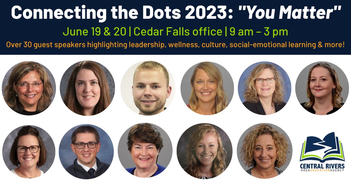 📢 One week away! 🗓️

Join us at the Cedar Falls office on June 19 and 20, 9 am–3 pm, with over 30 guest speakers for our 2023 Connecting the Dots conference! 💡 Check out our Lead, Inspire, Innovate page for registration details! bit.ly/3RCRYvp
#CRAEA #iaedchat