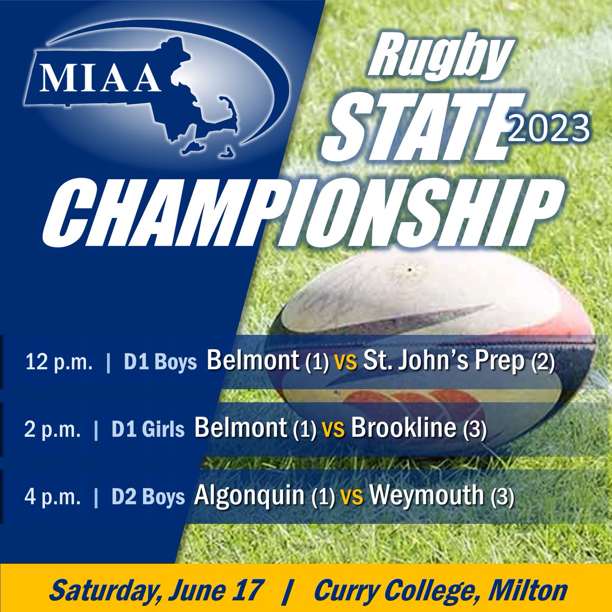 🏆It's Spring 2023 State Championship Week! 

The schedule for Saturday's Boys and Girls Rugby championships at Curry College is set.

🎟️Purchase tickets via GoFan at this link: gofan.co/app/school/MIA…

@bhsmarauders @bhs_warriors @sjpathletics @ARHSAthletics @wildcatnationAD