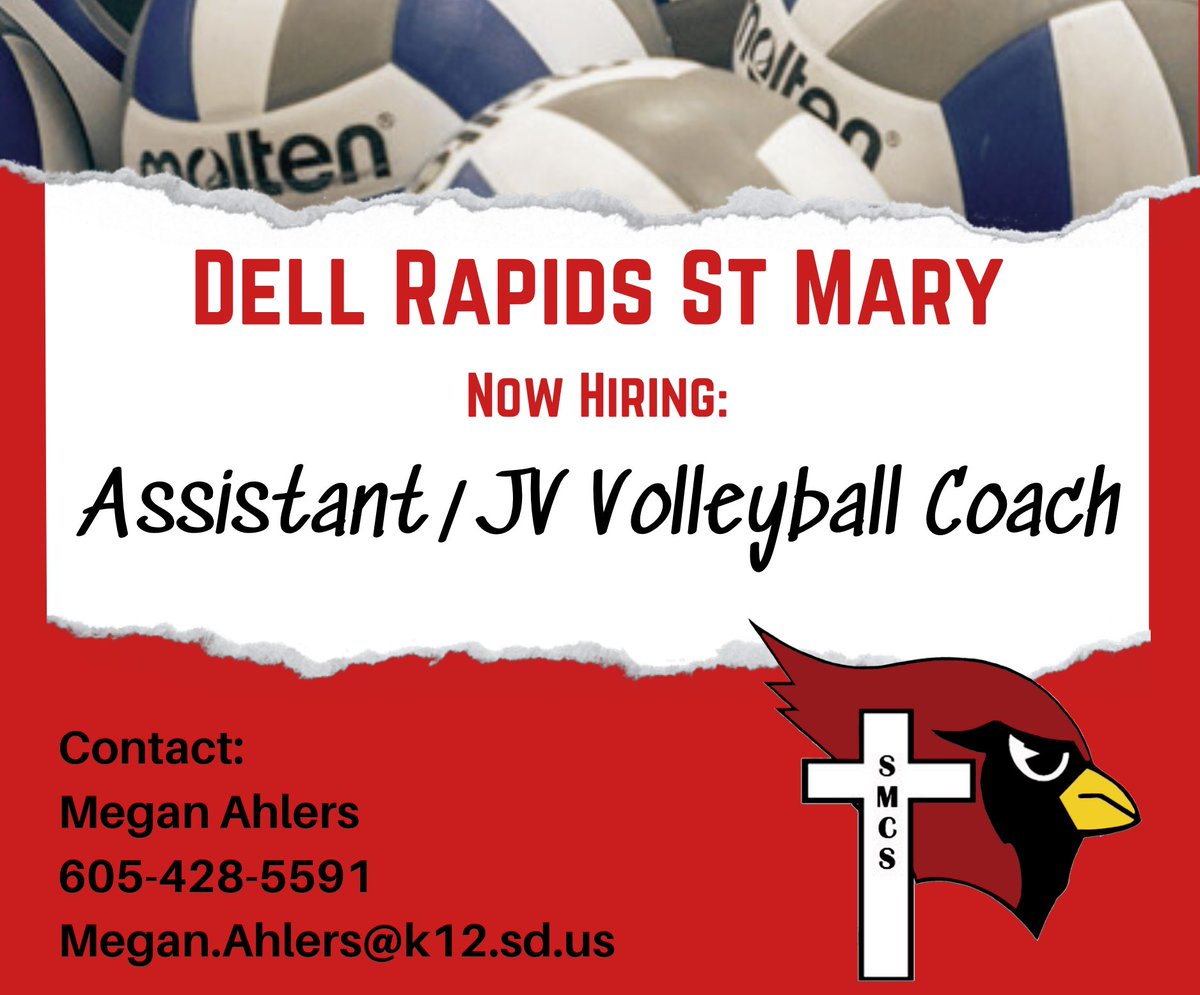 💥💥💥Assistant/JV HS Volleyball Coach Needed💥💥💥
🏐🏐St Mary is a great place!🏐🏐 #CardinalVolleyball 
drstmary.k12.sd.us/home   @DRSM_Athletics