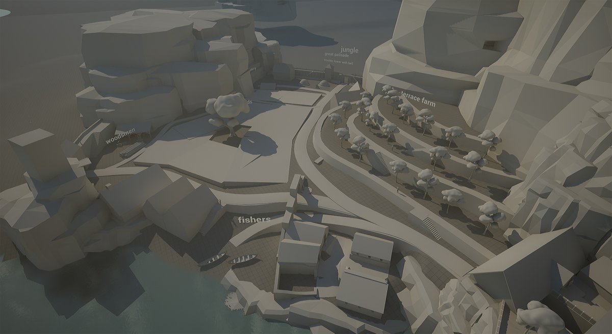 Monowlith's tweet photo. Blocked out the farmland around the city. Now it's time to iterate on everything and give the places an actual function and reason for being there. #UnrealEngine  #leveldesign #gameart https://t.co/VcEUKLznxD