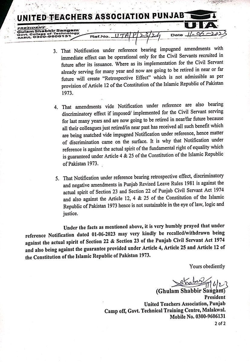 Prof_Sangam's tweet photo. Repesentation by UTA Punjab regarding unlawful amendments in Punjab Revised Leave Rules 1981.
@shahbazsharif @GovernorHouseP @CS_Punjab @FinMinistryPak @GovtofPunjabPK @ChiefJusticePK @APCAssociation https://t.co/Tx0Qkqs0Yk