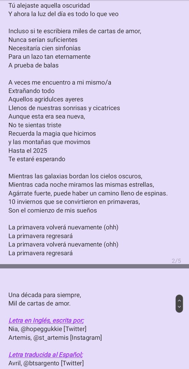 btsargento's tweet photo. — Traducción al Español de "Love Letters", canción de ARMY para #BTS 💌💜.

• Pueden escucharla en;

- Spotify: (https://t.co/fpgQFWNLPl)

-YouTube: (https://t.co/vuFXAUXfxO)

#ARMYsSongForBTS2023
#LoveLettersByARMY @BTS_twt https://t.co/ivJG1SNhIy