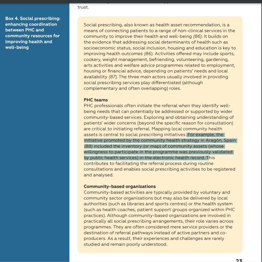 Para la #OMS #WHO el desarrollo de la recomendación de #activosparalasalud y la estrategia de #AtenciónComunitaria de #Aragón son ejemplo de buena práctica a seguir en #AtenciónPrimaria para mejorar la salud de la población. Mucho trabajo del que enorgullecerse <a href="/ComunitariaAra/">Atencion Comunitaria Aragón</a>!