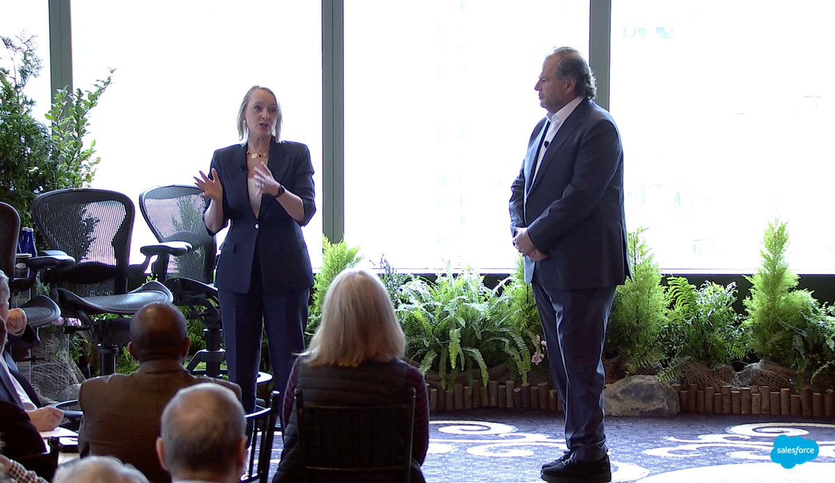 "If you can’t walk out of this room, pick up the phone, call someone in your company, and have them tell you where AI is being used, what are the risks, and who is accountable… you are not deploying #ResponsibleAI.”  Accenture's <a href="/JulieSweet/">Julie Sweet</a> with <a href="/Benioff/">Marc Benioff</a> at #SalesforceAI Day