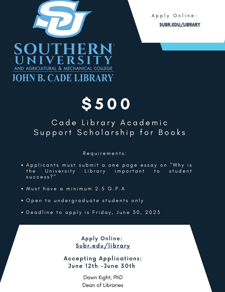 Cade Library supports students with scholarship awards. Applications are now being accepted and will close 5 p.m., Friday, June 30th.