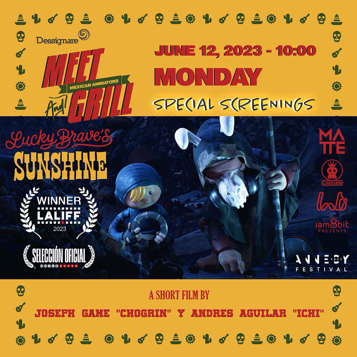 Chogrin's tweet photo. Tonight! Come watch a screening of @luckybravessunshine at @annecyfestival thanks to @Dessignare at 10PM today (Monday, June 12th).
#Annecy2023
#dessignare #meetandgrill #LuckyBrave #Animation #Ecuador #luckybravessunshine #CHOGRIN #animacionecuador #annecyfilmfestival #mattecg https://t.co/qvUcROfvH1