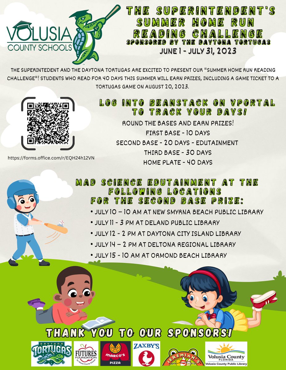 Don't sweat the heat! Join us for a mid-summer treat! Students who read for 20 days by July 10th are invited to our mid-summer edutainment with Mad Science at select Volusia County Libraries. They will also enjoy a slice of pizza and a free item card from Jeremiah's Italian Ice.