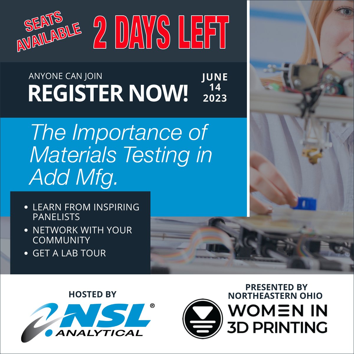 ONLY 2-DAYS LEFT | REGISTER TODAY | JUNE 14TH
We have seats available for our event this Wed Jun 14th. Registration/details here: hubs.la/Q01T9QMD0
#NSLAnalytical #additivemanufacturing #3DPrinting
Women in 3D Printing