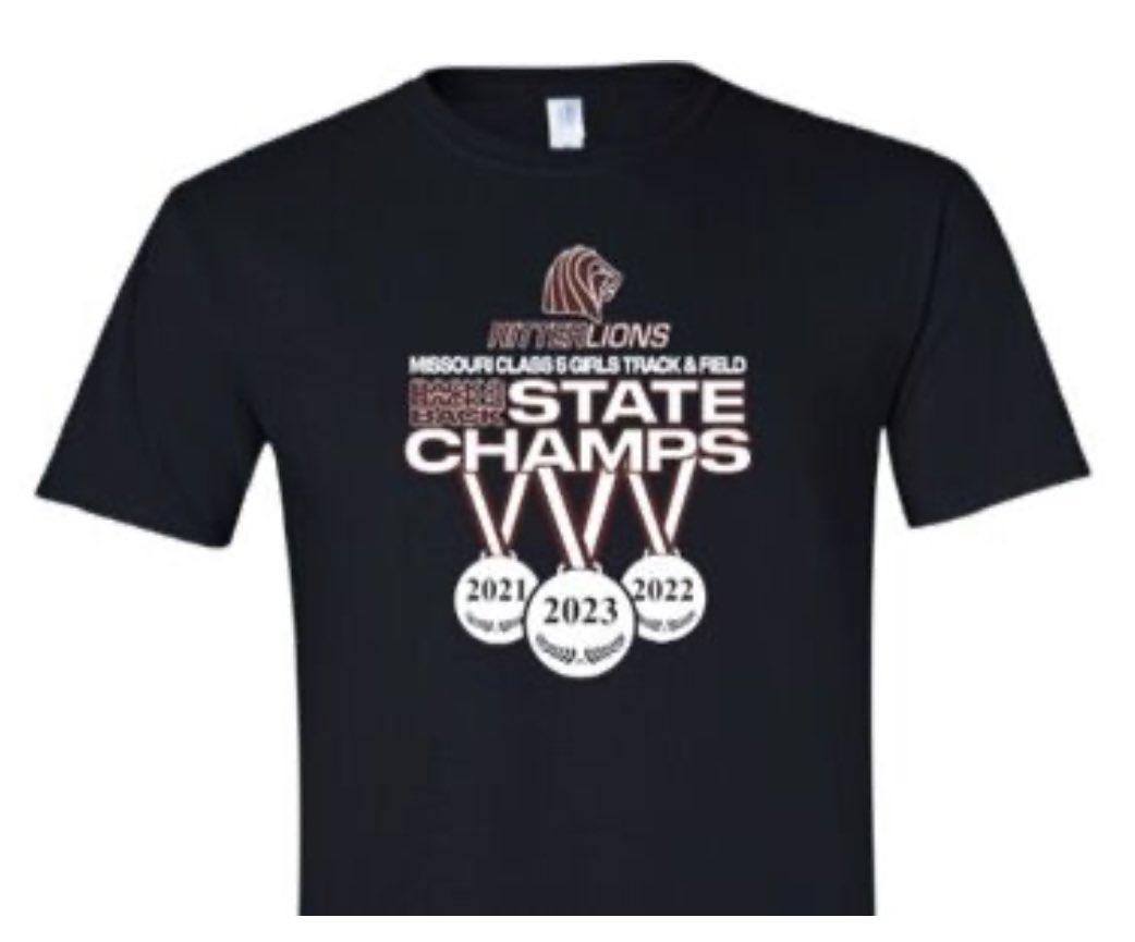 Celebrate the Back2Back2Back Class 5 Girl’s Track & Field State Champions with your official State Champs t-shirt! Click Think Link below and commemorate this historic event! cardinalritterprep.net/rittergear @CRCPTrack_Field #LionPride #3Peat #NoPainNoPodium