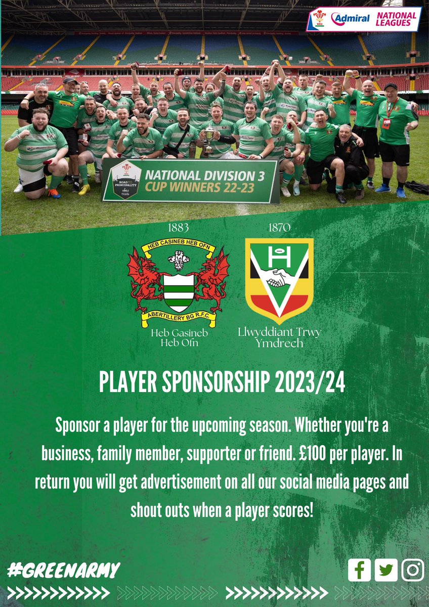 Abertillery_BG's tweet photo. 🔊SPONSORSHIP OPPORTUNITY 🔊

We're currently looking for new sponsors for our senior squad members. If you're interested or would like renew last season's sponsorship please get in touch via social media! 💚 https://t.co/egPnsBQ5pn