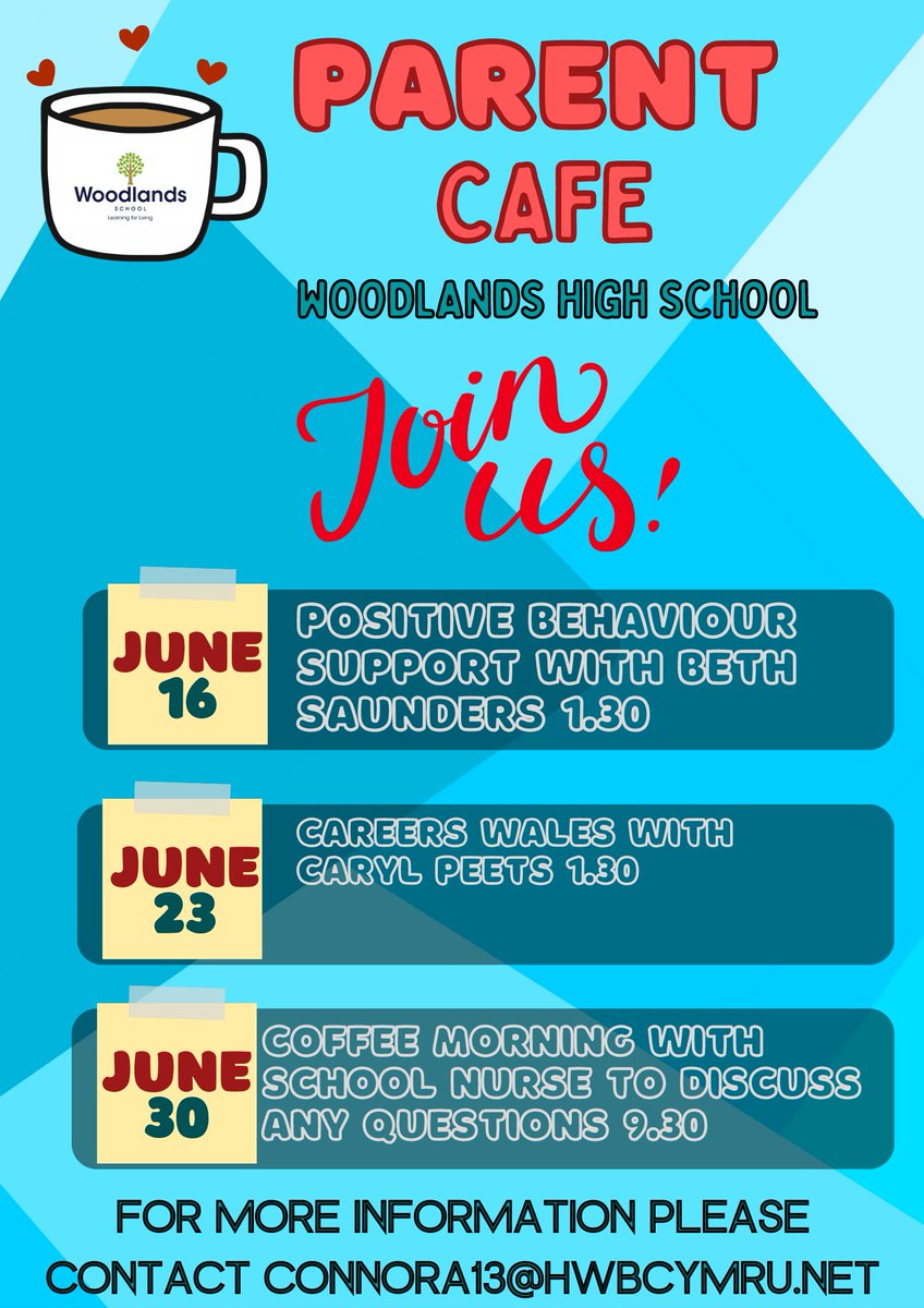Here are the upcoming events for Parent Cafe <a href="/WoodlandsHS/">Woodlands School</a> Everyone is welcome to attend. If you have any questions please contact Miss Connor. 💚