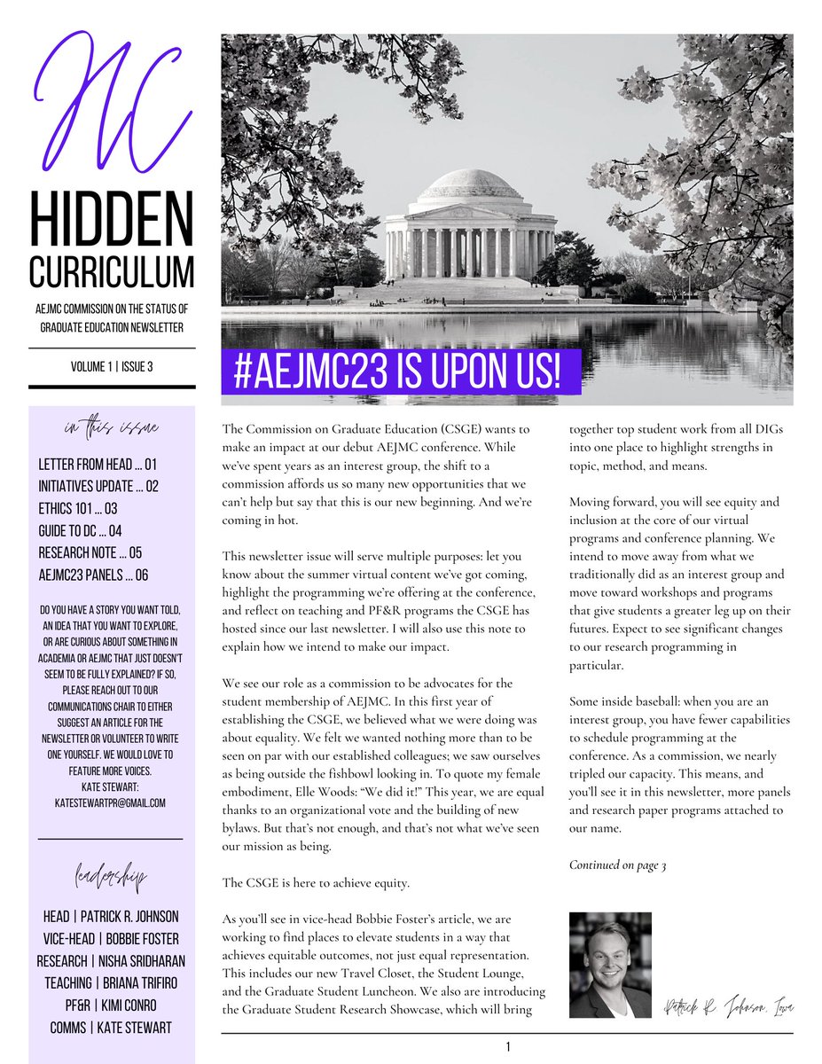CSGEAEJMC's tweet photo. Extra! Extra! Read all about it 📰
Hidden Curriculum | Volume 1, Issue 3 is live.
As we prepared for #AEJMC23, we have some valuable information to share to help prepare #gradstudents for DC!
https://t.co/6BOVcneuYH
#CSGE #AEJMCCSGE #graduatestudents https://t.co/EPGaZsZMMc