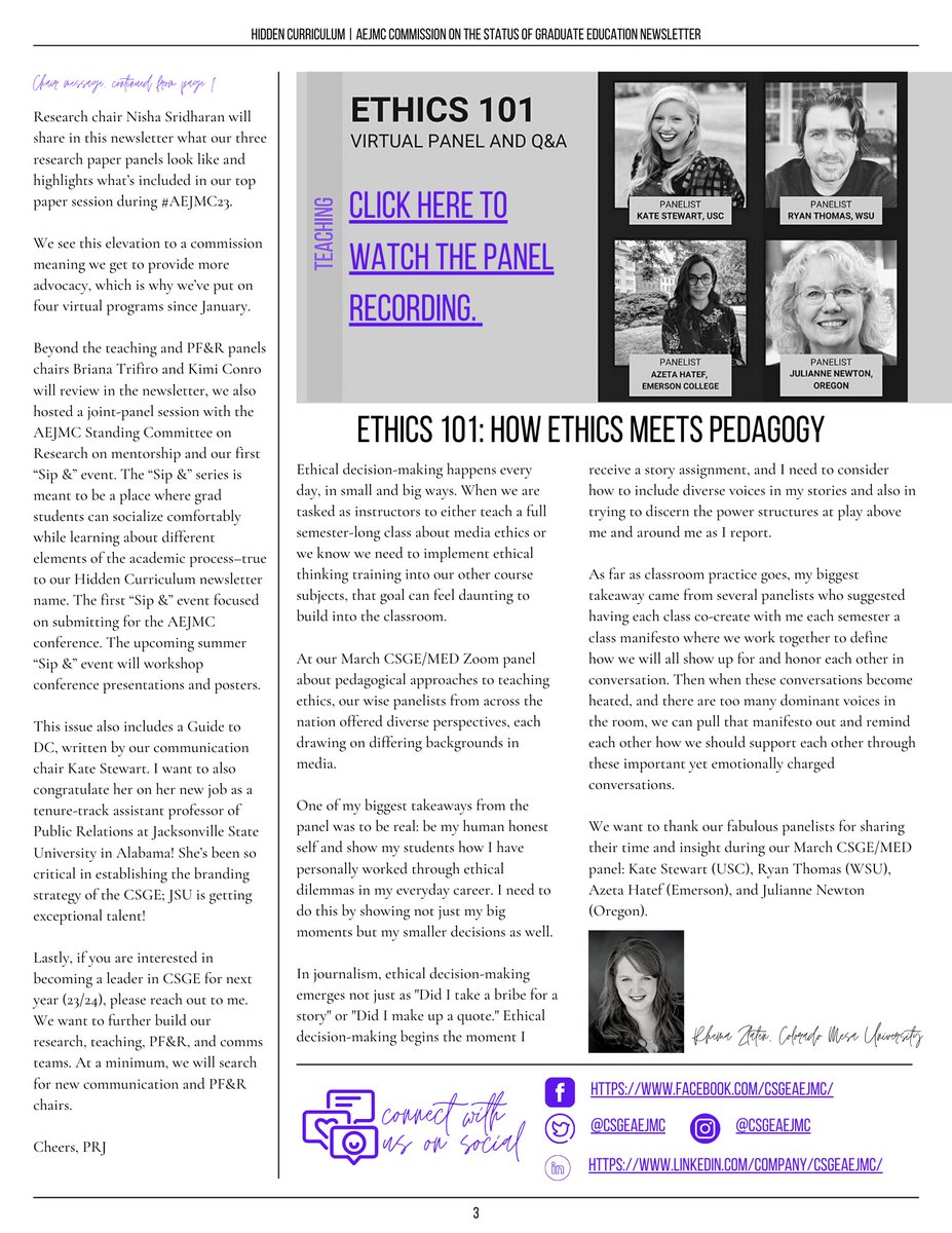 CSGEAEJMC's tweet photo. Extra! Extra! Read all about it 📰
Hidden Curriculum | Volume 1, Issue 3 is live.
As we prepared for #AEJMC23, we have some valuable information to share to help prepare #gradstudents for DC!
https://t.co/6BOVcneuYH
#CSGE #AEJMCCSGE #graduatestudents https://t.co/EPGaZsZMMc