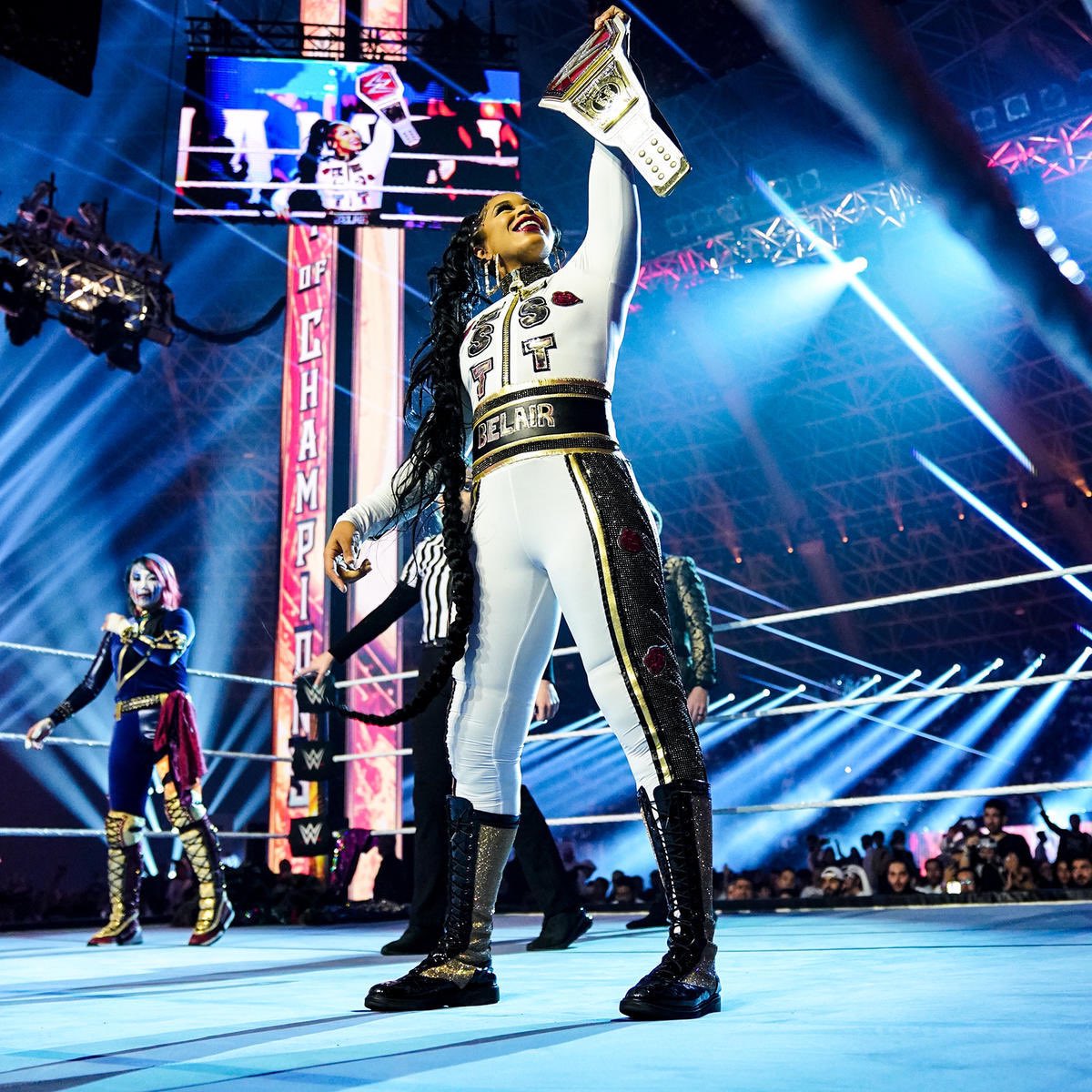 BiancaBelairWWE's tweet photo. That RAW Women’s Title means SO much to me. The journey was full of blood, sweat, tears, black eyes/stitches, hardwork/grind, sacrifice, exhaustion, but MOSTLY PRIDE &amp; JOY that led me to be the Longest Reigning RAW Women’s Champion. I am so grateful to be a part of this history! https://t.co/lAcKmykJev