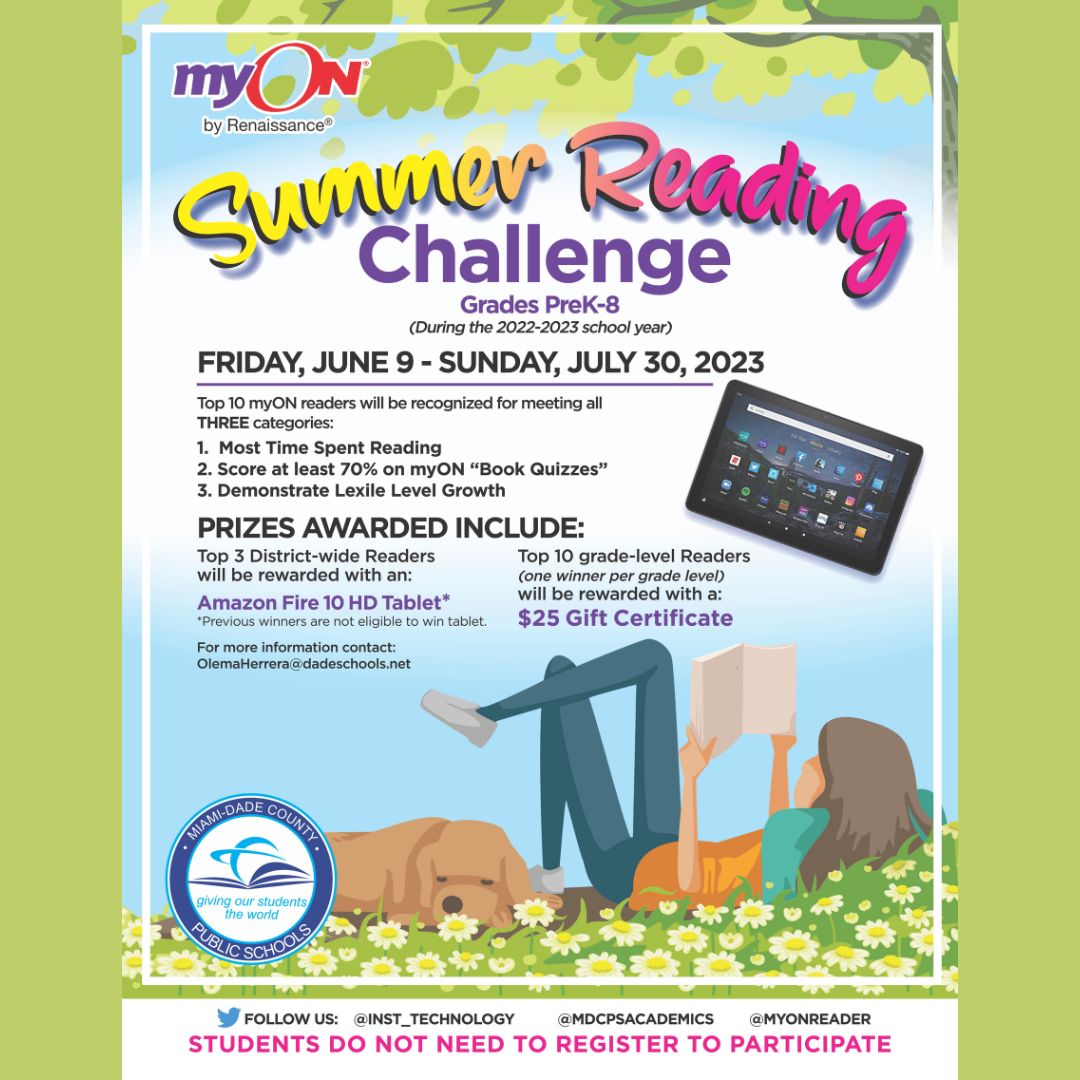 Prevent the summer slide! Participate in the myON Summer Reading Challenge &amp; keep your reading skills sharp. Open to students in grades PreK-8 through Schoology and/or by clicking on the myON application via clever.com. #SummerReady