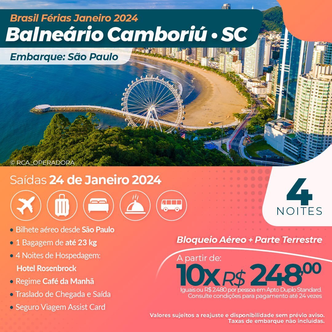 RicardoWhitton's tweet photo. #Brasil #Férias de #Janeiro 2024
Pacote #Balneário Camboriú

Saída 24/01/2024 de São Paulo

Contato ricardo@rwh-viagens-e-turismo.com.br

Site https://t.co/TJ3THhM1ZV

#lazer #viagens #suldobrasil #agentedeviagens #consultoriadeviagem #agentehomeoffice https://t.co/ncr9xTGDdG