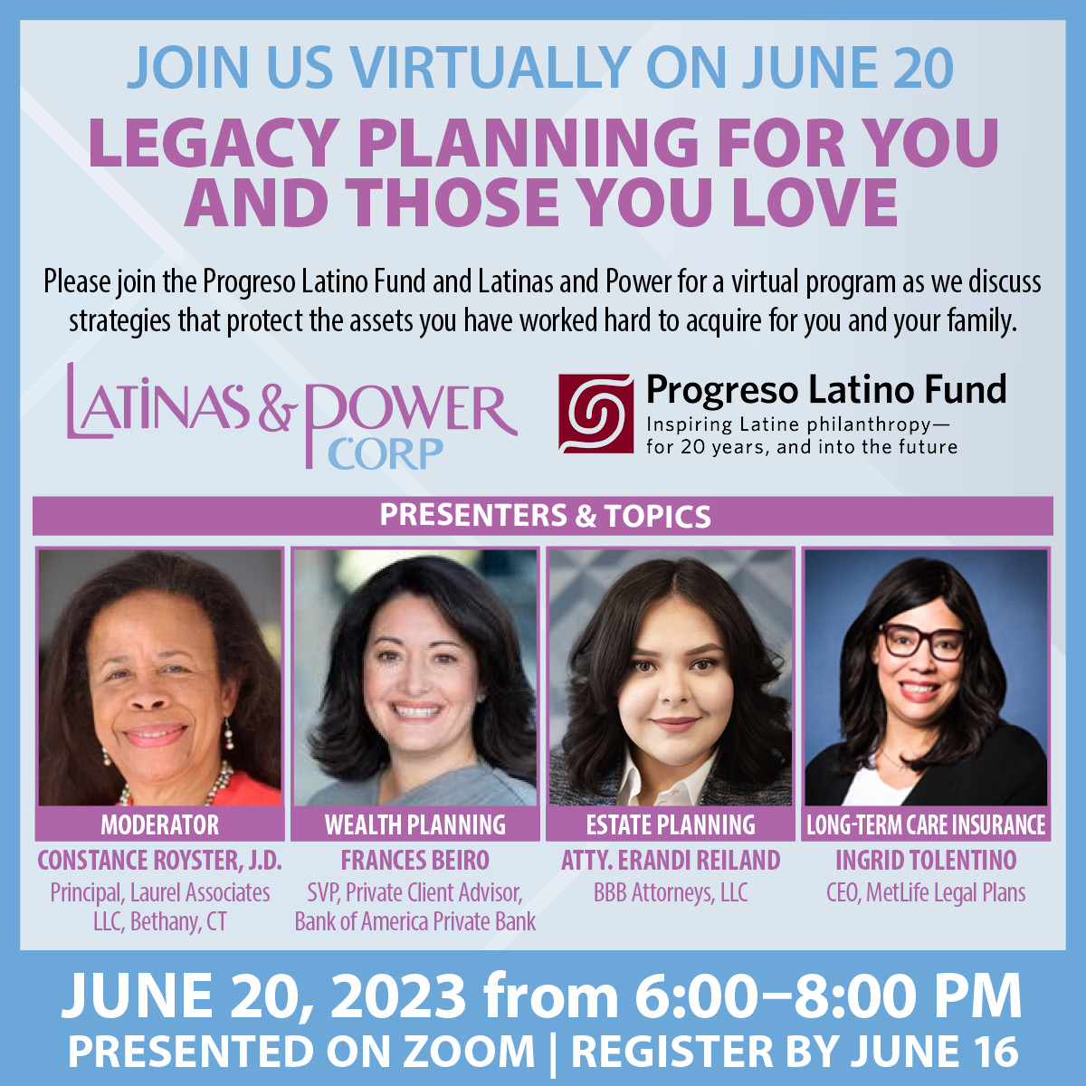 Latinas &amp; Power is partnering with the Progreso Latino Fund to bring you very important information on planning for your legacy.  Join us for this FREE webinar.  Tuesday, June 20, 2023, 6:00 p.m. - 8:00 p.m. Register by June 16 for this free webinar: cfgnh.org/events/legacy-…