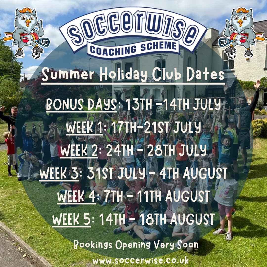 Soccerwise's tweet photo. Here are our Summer Multi-Sports Holiday Club Dates.

Online bookings will be opening later this week. Spares will be limited so please do not miss out.

#Timperley #Altrincham #saletown #WA15 #Summer #Multisports #Holidayclub https://t.co/OGBXTH9NTm