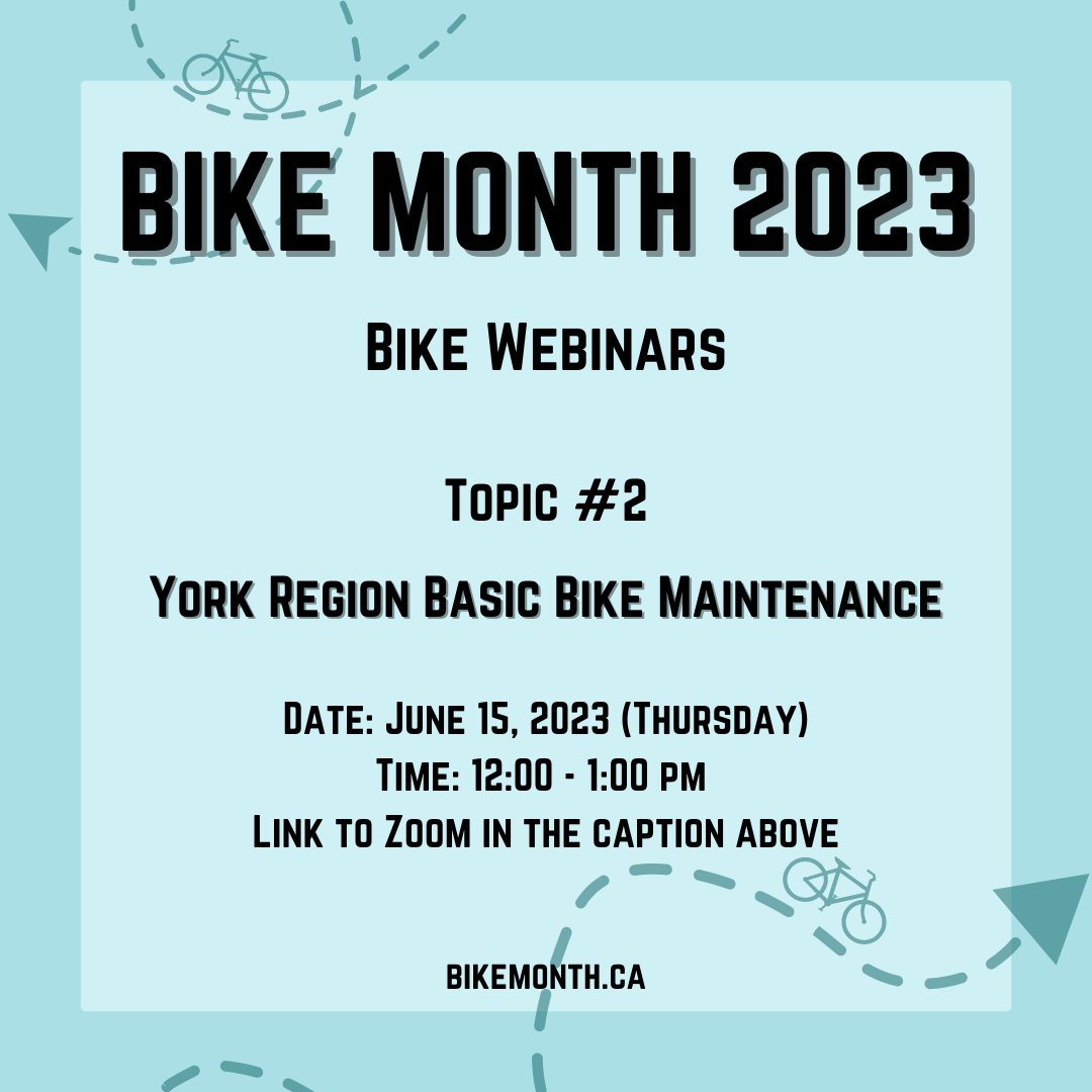 Get ready and join this week's bike webinars to celebrate Bike Month! This week, we will learn about the topic of Basic Bike Maintenance!  
Date: June 15th 2023 (Thursday) 
Time: 12:00 PM - 1:00 PM 
Please check out this link to register: us06web.zoom.us/webinar/regist…