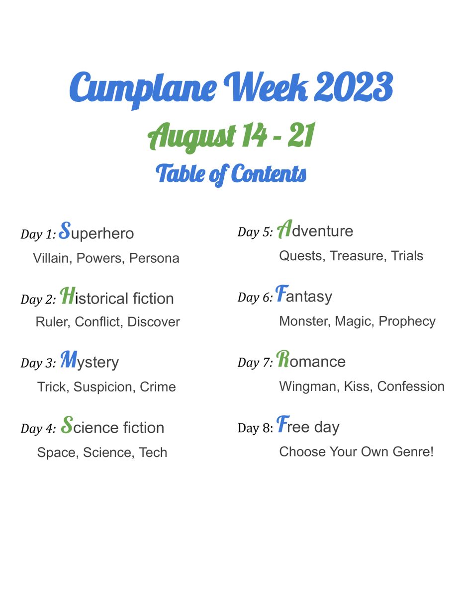 Cumplane_week's tweet photo. It’s time to throw our two favorite transmigrators into some new adventures together! Here are the prompts for #cumplaneweek2023.

#cumplane #cumplaneweek #ScumbagSystem #svsss #人渣反派自救系统 #穿书自救指南 https://t.co/apPEYIigPS