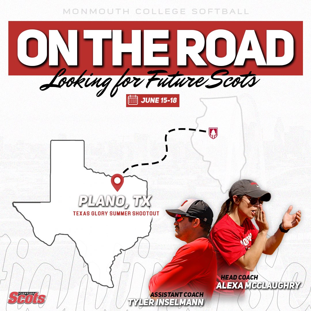 ScotsSoftball's tweet photo. Both @SBCoachAlexa and @InselmannTyler are 🔙 on the road recruiting this weekend! 😎

📍 Plano, TX 
🗓️ June 15-18
🥎 Texas Glory Summer Shootout
👀 Future Fighting Scots

Drop your schedules below! ⬇️

#MCSB // #RollScots 🔴⚪️ https://t.co/wQLDczTErN