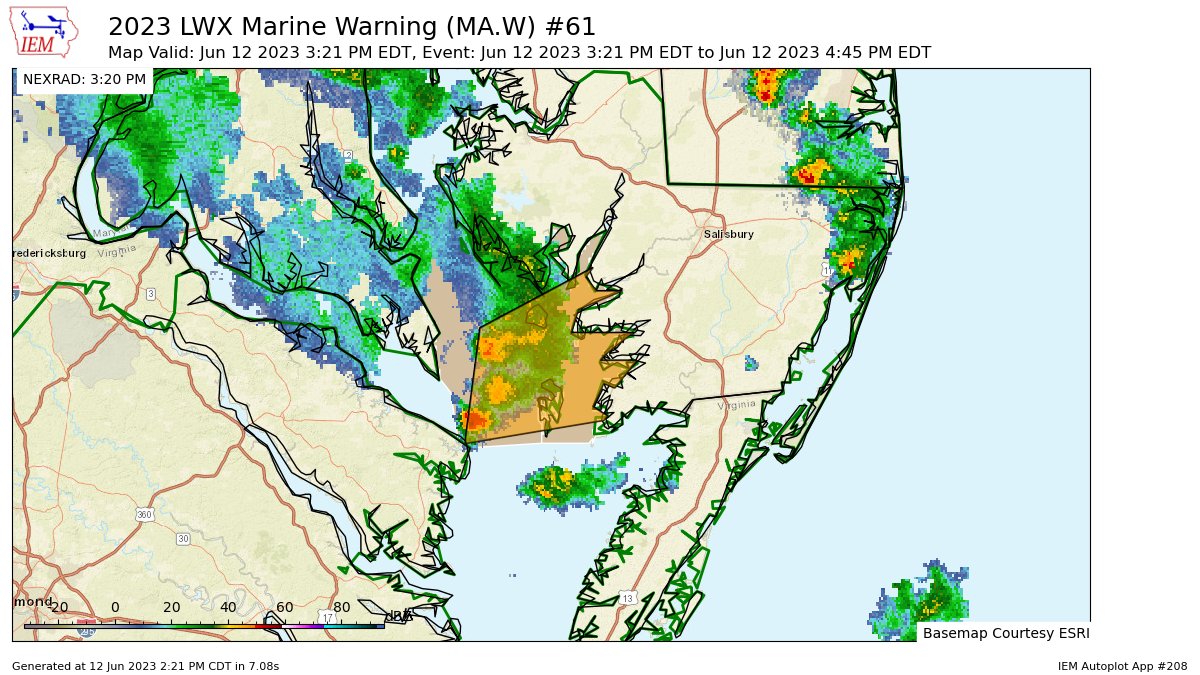 LWX issues Marine Warning [waterspout: POSSIBLE, wind: >34 KTS, hail: 0.00 IN] for Chesapeake Bay from Drum Point MD to Smith Point VA, Tangier Sound and the inland waters surrounding Bloodsworth Island [AN] till Jun 12, 4:45 PM EDT mesonet.agron.iastate.edu/vtec/f/2023-O-…