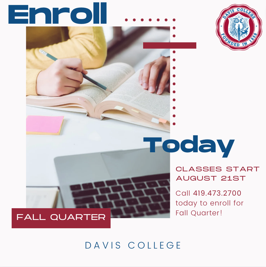 DavisCollegeOH's tweet image. Now enrolling for Fall Quarter! Call 419.473.2700 to take classes this Fall at Davis College. Classes start August 21st.
.
.
.
#DavisCollegeToledo #FallQuarter #Enroll #Classes