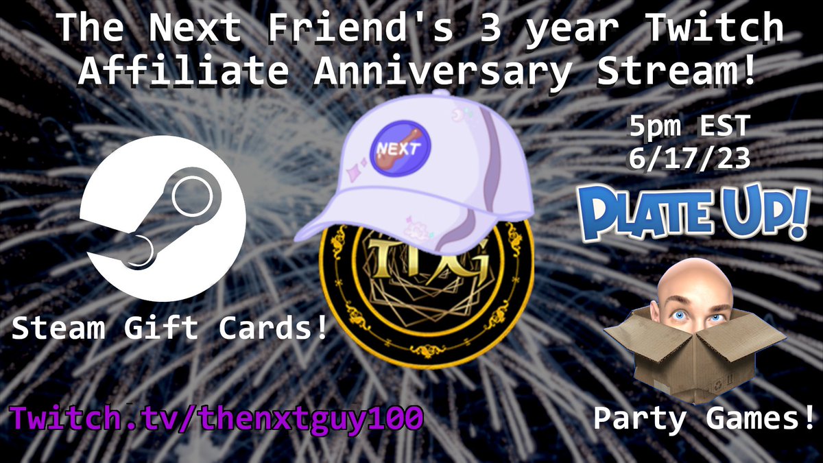 Thenextguy1001's tweet photo. This Saturday we are gonna be celebrating our 3 year Twitch Affilate Anniversary!! We are going to be playing games with the community and giving away several Steam gift cards as a way to give back to all of ya'll!! Come join the fun! #twitch #celbration #giveaway https://t.co/oNNv8RmeGl