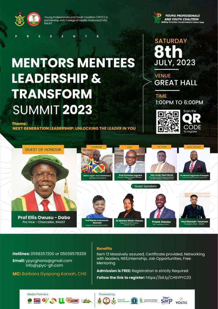 CampusHypeCrew's tweet photo. YPYC in partnership with the College of Health Sciences, KNUST presents the much anticipated Mentors Mentees Leadership &amp; Transfrom Summit 2023.

Join us on Saturday, 8th July 2023, at the Great Hall from 1pm to 6pm. 

Register now:
https://t.co/gKXPR91lYK

#CampusHypeCrew🇬🇭 https://t.co/UJlliZEq9Q