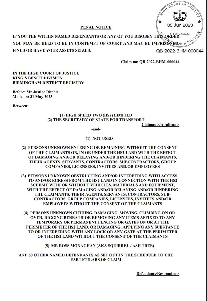 @Rainshadow20 @MarkKeir6 @TheGreenParty @stophs2 @Hs2Rebellion @GreenAgainstHS2 Have you not read it?
It's for persons unknown & Mark is defendant no 36✌️
Love how Ross aka Squirrel gets a special mention on the first page. No idea why the animal names are included. 
HS2 put a link to it in their tweet.
I used an e.g of another business to make him see sense