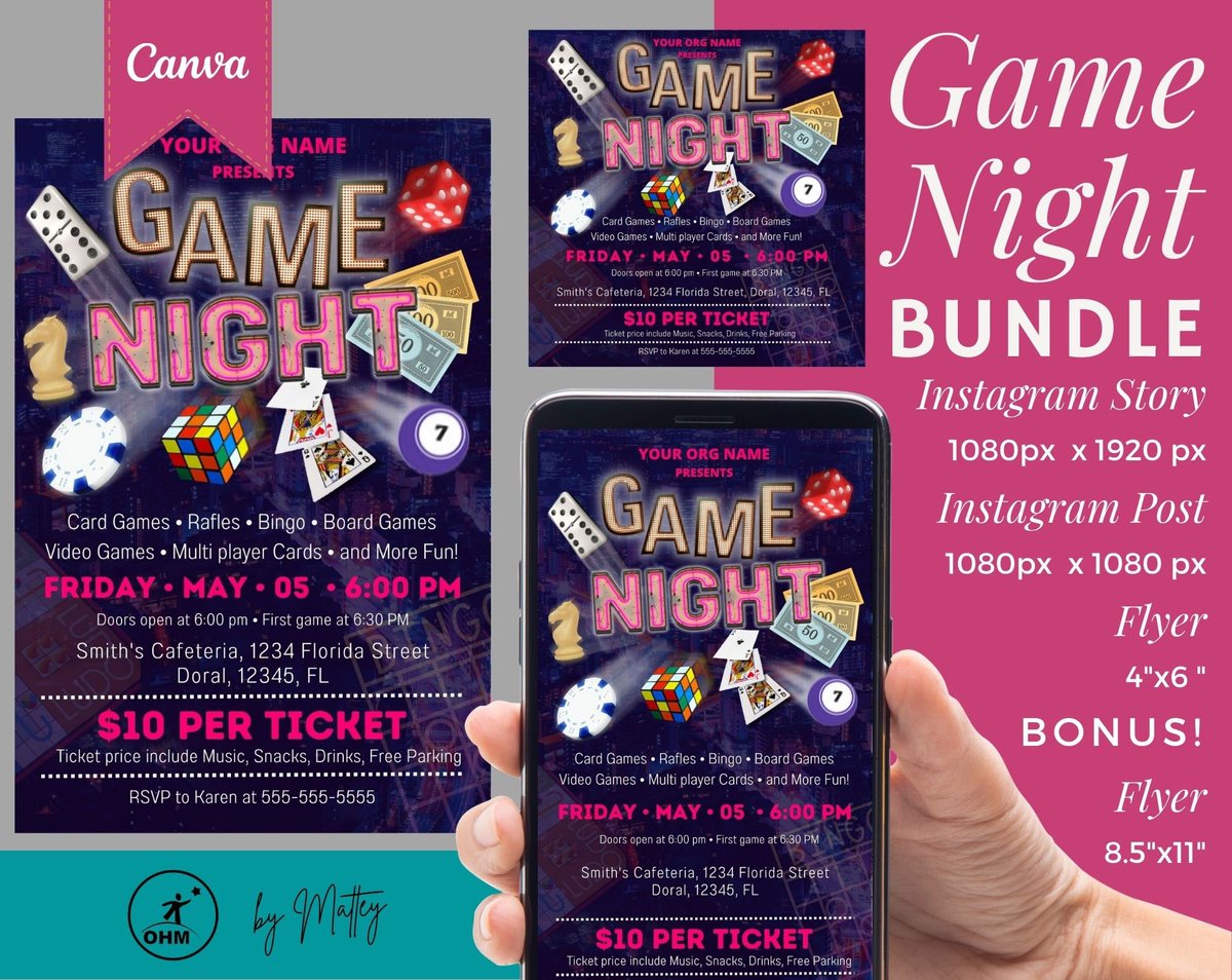 Game Night Template flyer, Canva template, community event, charity benefit, bingo fundraiser, family game night, mobile invite, game event etsy.me/3N4bcct #black #pink #flat #vertical #friendsinvitation #communityevent #schoolptopta #charitybenefit #familygame