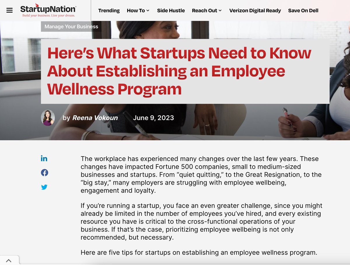 Thanks to @StartupNation for featuring my #article in the link below on what startups need to know about establishing an #employeewellnessprogram. I hope this article is useful, and feel free to reach out if your startup is in need of support!

startupnation.com/manage-your-bu…