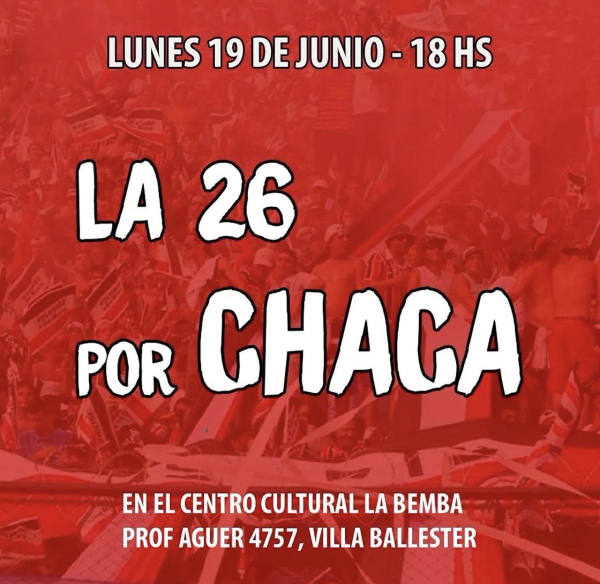 subcopchaca's tweet photo. La peña #26demarzo organiza un evento para recaudar dinero que será destinado a las divisiones inferiores de nuestro querido #chacarita ♥️. 

Acércate el lunes 19/06 a las 18hs en el Centro Cultural La Bemba (PROF AGUER 4557, Villa Ballester) https://t.co/LpChXCVfUT