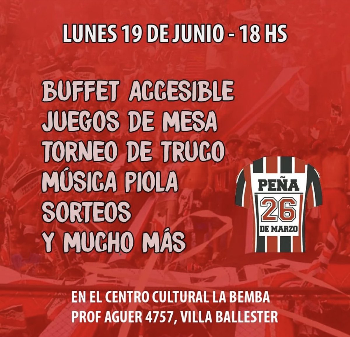subcopchaca's tweet photo. La peña #26demarzo organiza un evento para recaudar dinero que será destinado a las divisiones inferiores de nuestro querido #chacarita ♥️. 

Acércate el lunes 19/06 a las 18hs en el Centro Cultural La Bemba (PROF AGUER 4557, Villa Ballester) https://t.co/LpChXCVfUT