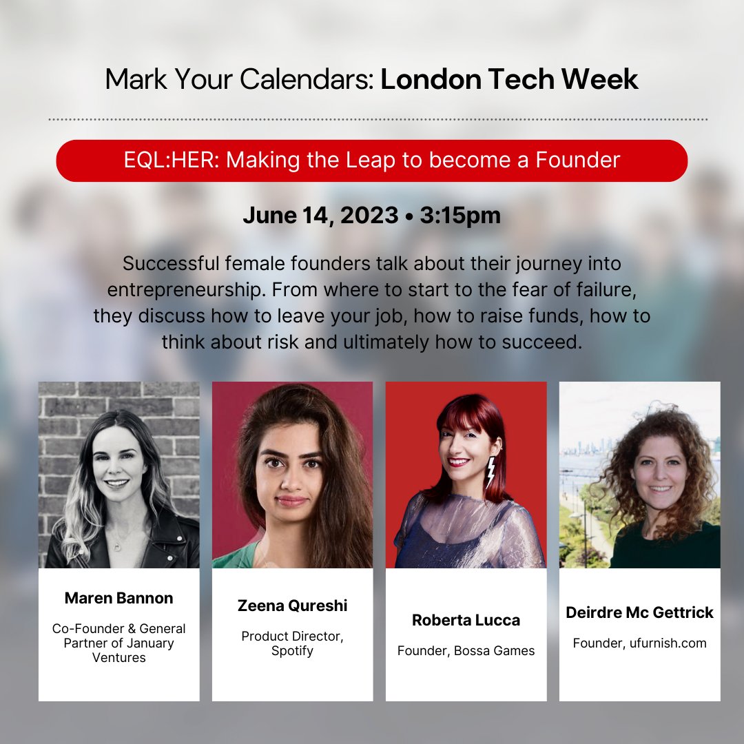 January Ventures (@january_vc) on Twitter photo This week, <a href="/Maren_Bannon/">Maren Bannon</a> will be speaking with <a href="/ZeenaQureshi/">Zeena Qureshi</a>, <a href="/BetaLucca1/">Roberta Lucca aka Beta Lucca ⚡</a>, and <a href="/DeeMcGettrick/">Deirdre Mc Gettrick</a> about making the leap to become a founder at <a href="/LDNTechWeek/">London Tech Week</a>! If you're in town, come say "hi" on June 14 at 3:15pm at the Impact Stage! londontechweek.com/campus-agenda/ This week, <a href="/Maren_Bannon/">Maren Bannon</a> will be speaking with <a href="/ZeenaQureshi/">Zeena Qureshi</a>, <a href="/BetaLucca1/">Roberta Lucca aka Beta Lucca ⚡</a>, and <a href="/DeeMcGettrick/">Deirdre Mc Gettrick</a> about making the leap to become a founder at <a href="/LDNTechWeek/">London Tech Week</a>! If you're in town, come say "hi" on June 14 at 3:15pm at the Impact Stage! londontechweek.com/campus-agenda/