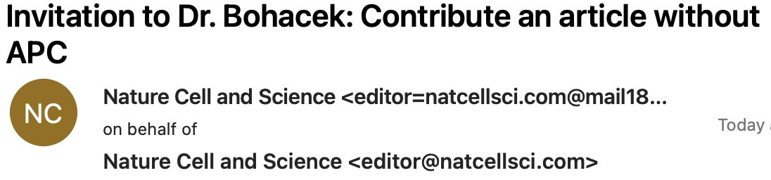 I have a soft spot for crafty predatory journals. I thought that "Cells" was a brilliantly confusing invention. But now they've topped it: "Nature Cell and Science". 

Interviewer: "Do you have a CNS paper?"
Applicant: "I have a Nature Cell and Science paper". 
Almost a #Dadjoke