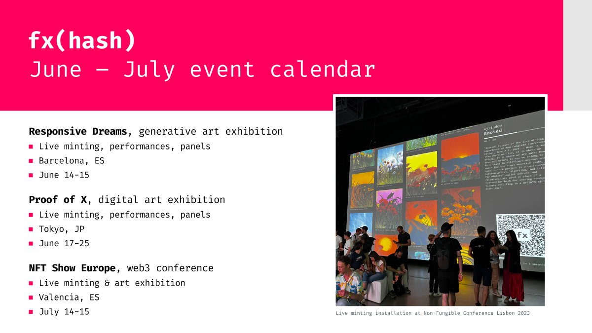 🌐 fxhash event calendar
🗓️ June + July 2023

There's nothing quite like experiencing generative art in person. Great people, places, &amp; art, above all, make these events incredibly special.

Below is our incoming event calendar with links in thread!

Generative art worldwide 🗺️