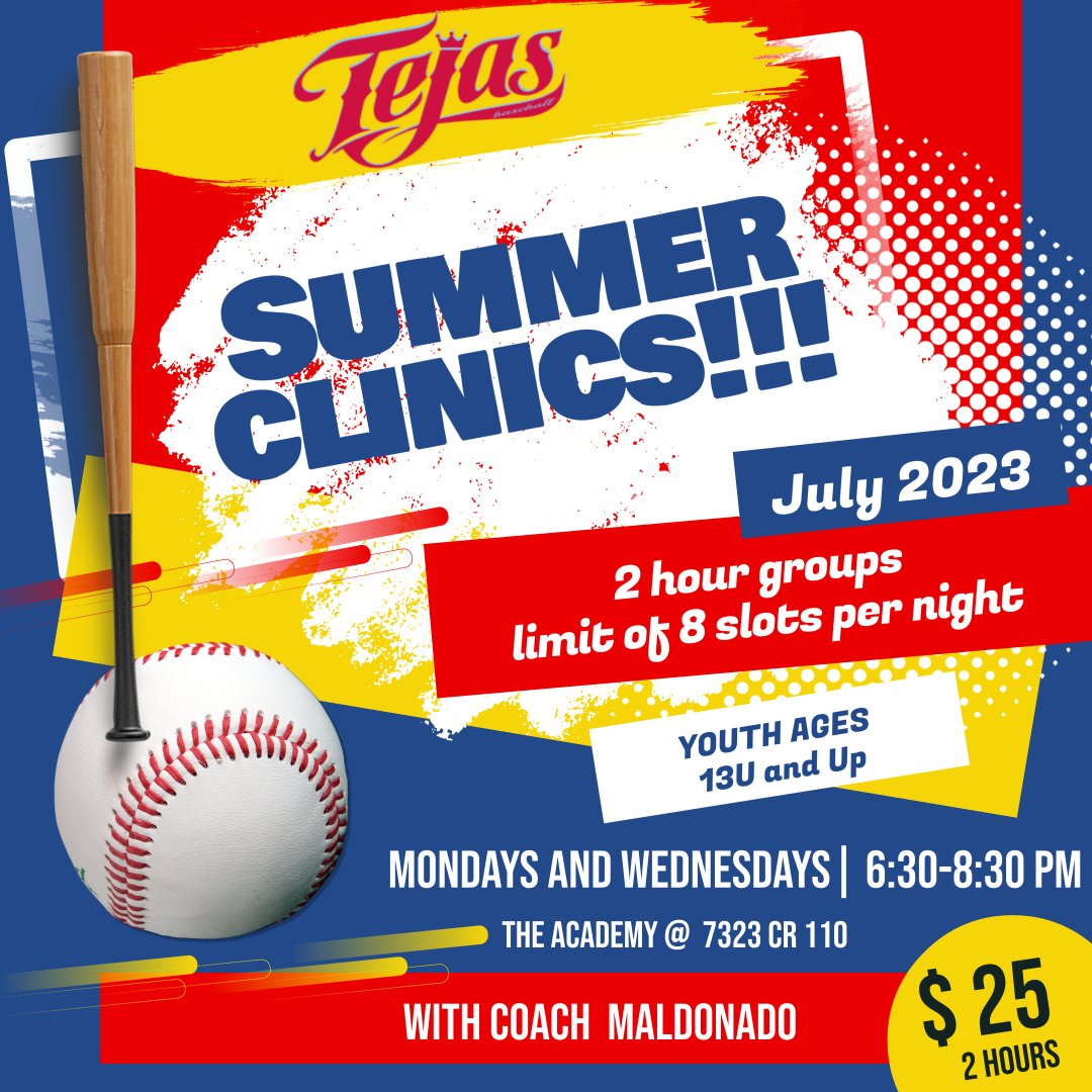 tejas_baseball's tweet photo. 13U and up Sign up for clinics with Tejas! The whole month of July on Mondays and Wednesdays, $150 for the whole month or pay $25 per day with Coach Maldonado at our Academy! Click this link to register, hurry before the slots fill up! ⬇️
https://t.co/yN6qBB4g8W
#tejasnation https://t.co/w85Jbq7xwr