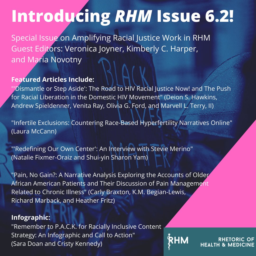 JournalRhm's tweet photo. Happy Monday! We are thrilled to share an #RHM special issue with you: 6.2 "In Living Color: Amplifying Racial Justice Work in RHM," compiled by guest editors Veronica Joyner (@Write_not_Wrong), Kimberly C. Harper, &amp; @mariatnovotny, here: https://t.co/MTJhUymw0d
#healthjustice https://t.co/gmKfVhVIIK