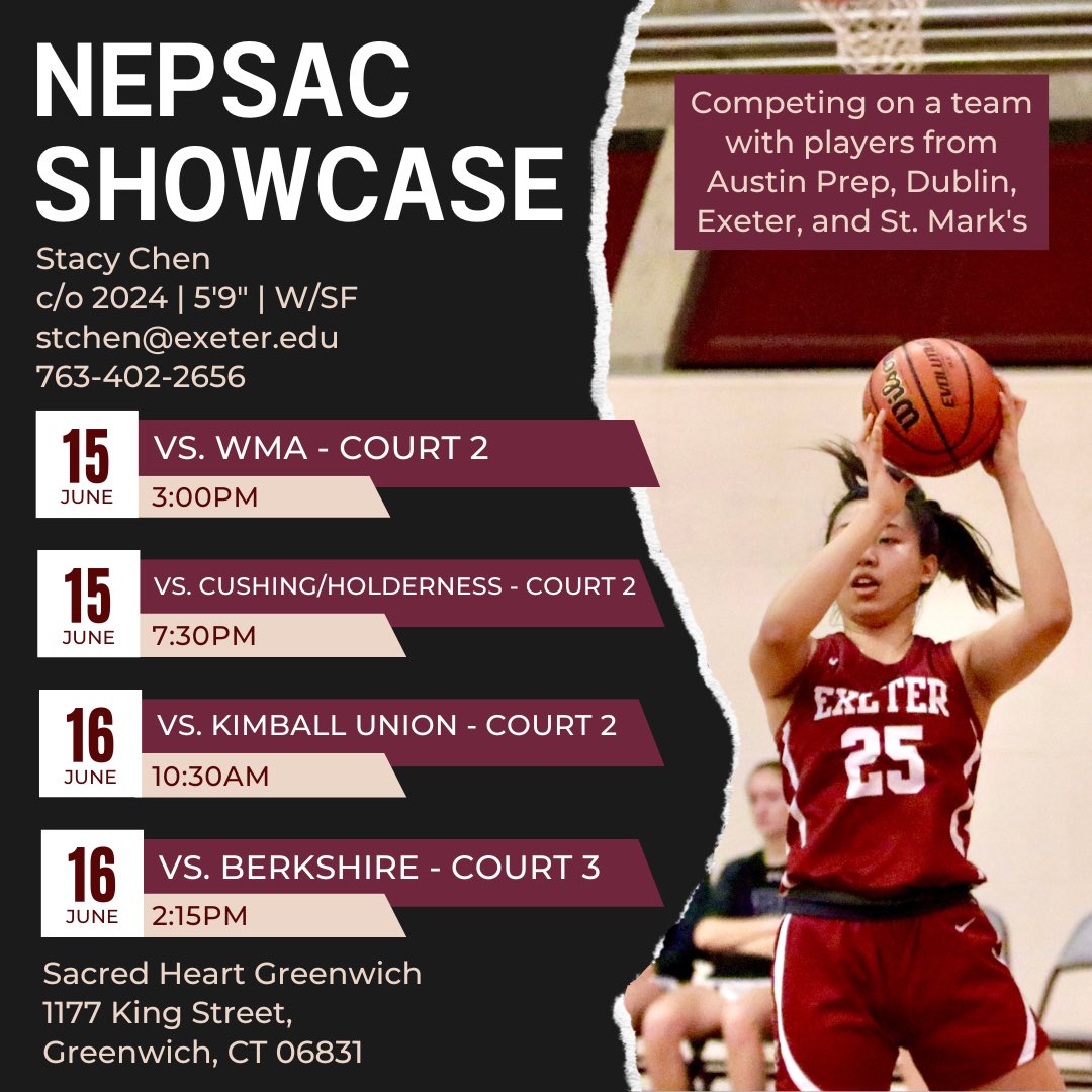 StacyChen25's tweet photo. Next stop: NEPSAC June Scholastic Showcase for the LIVE period‼️Catch @celiadowling10 and I repping Phillips Exeter this Thursday + Friday at Sacred Heart! Live stream link will be posted when available.

@NEPSGBCA @ExonianSports @BashHoopsNE @HerHoopsNetwork @NSSABASKETBALL https://t.co/SYWxzFFBqE