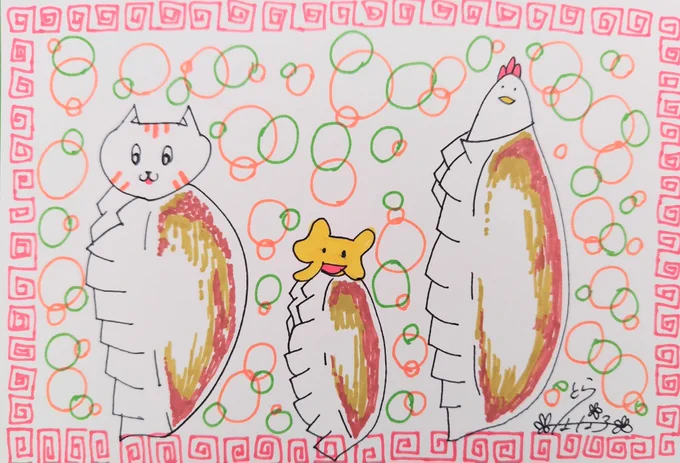  自推で失礼します!!とら はな子と言います!!#ラウンドワン限定プライズことら、ニワちゃん、ぞうたんと言う3人のキャラを描いてます!!見た人がクスッと出来るような、作品目指してます!! 