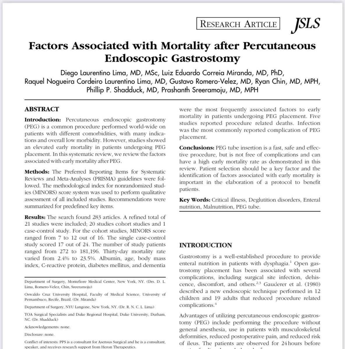 Hot out of the oven 🔥 our manuscript just published at JSLS! To PEG or not to PEG? An interesting review for a common and many times challenging decision. Congratulations to all authors! @Ryan_ChinMD @NogueiraRaquel_ 🤓📊📈📉 #research #surgery #respect #academia #MedTwitter