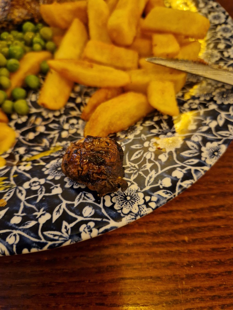 NikkiDaGaffa's tweet photo. @WetherspoonsTA 
I'm Billy no mates sat at table 73 in the Cross Keys Gracechurch Street  London...
Ordered the gourmet steak..  which was served with this tiny replica of a mushroom! Just the one!! I don't need a drink.. or any food... but I just want a proper mushroom! https://t.co/5vEjq8rfRZ