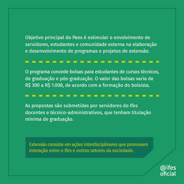 ifesoficial's tweet photo. Publicado o edital do Programa de Apoio à Extensão para o ano de 2023: https://t.co/ahOqGosyoc
O Paex concede bolsas de até R$ 1.008 a estudantes do Ifes para participação em projetos de extensão.
A inscrição, que vai até 17/7, deve ser feita por servidores.
#SouIfes #Paex https://t.co/ClYhvKCo4I